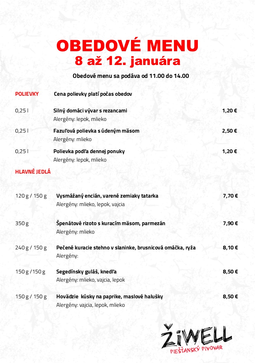 Obedové menu Pivovar ŽiWell 8. - 12. 1. 2024