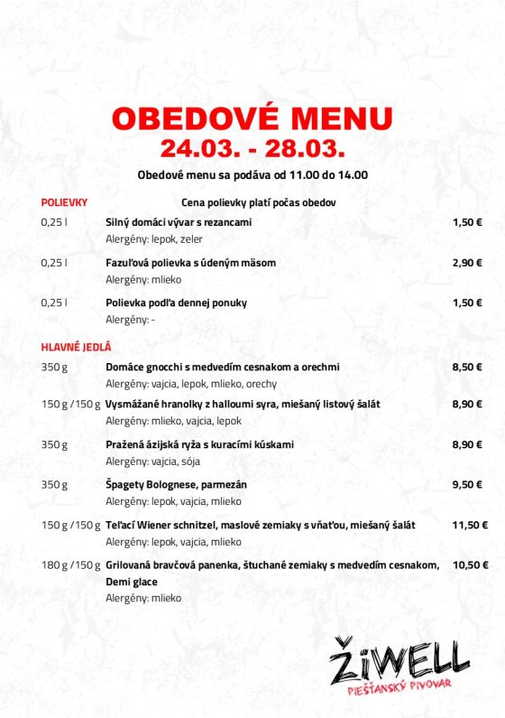 Obedové menu Pivovar ŽiWell 24.3. - 28.3.2025