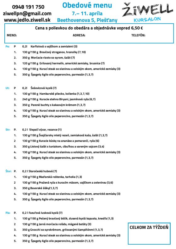 Obedové menu ŽiWell Kursalon 7. apríla až 11. apríla 2025