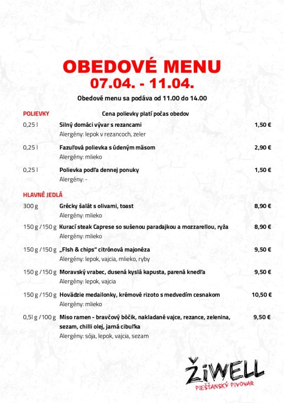 Obedové menu Piešťanský pivovar ŽiWell 7. apríla až 11. apríla 2025