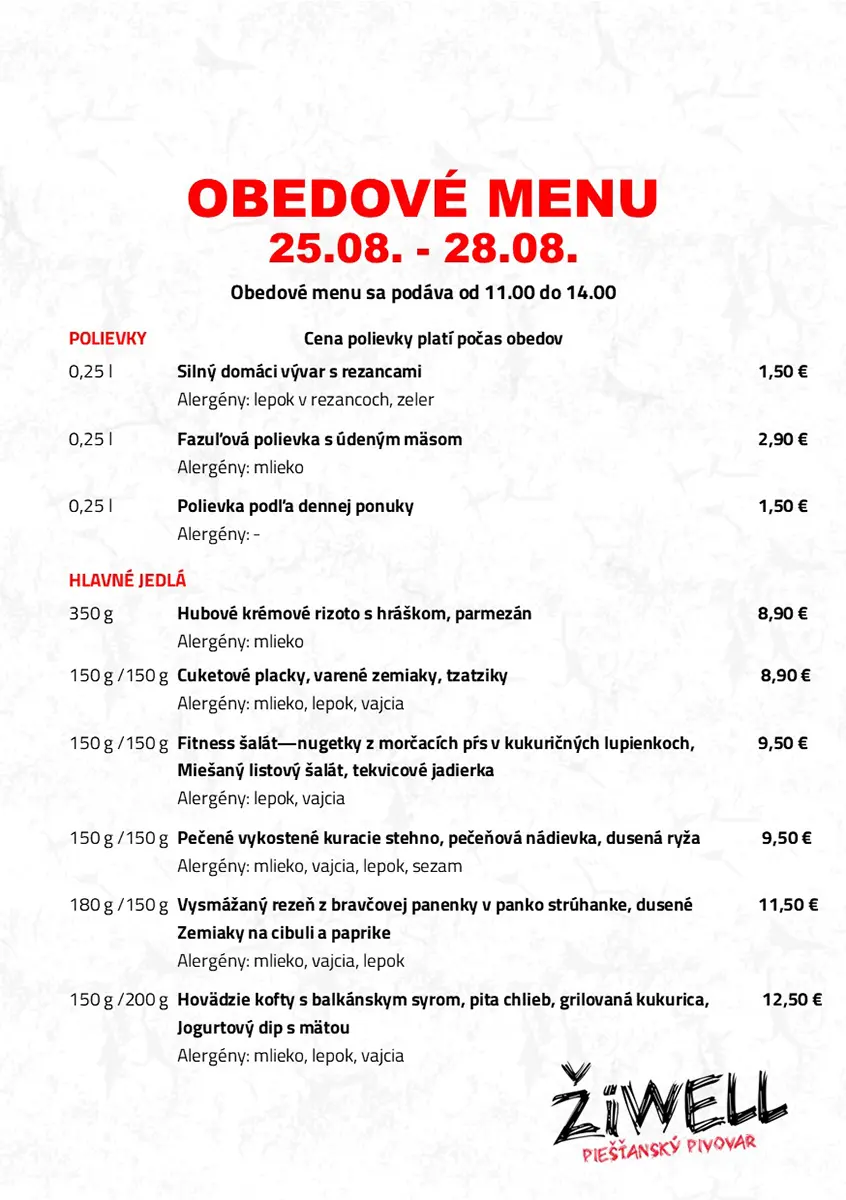 Obedové menu Pivovar ŽiWell 25.8. - 28.8.2025