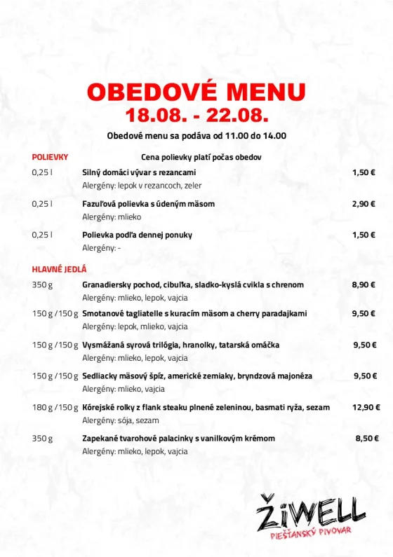 Obedove menu Pivovar ZiWell Lodenica 18-22-8-25