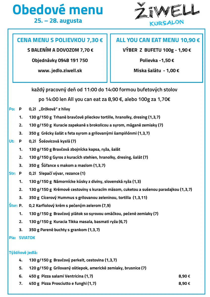 Obedové menu ŽiWell Kursalon 25.8. - 28.8.2025