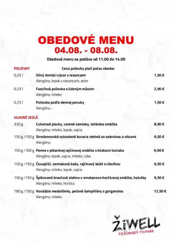 Pivovar ZiWell obedove menu 0408 0808 2025