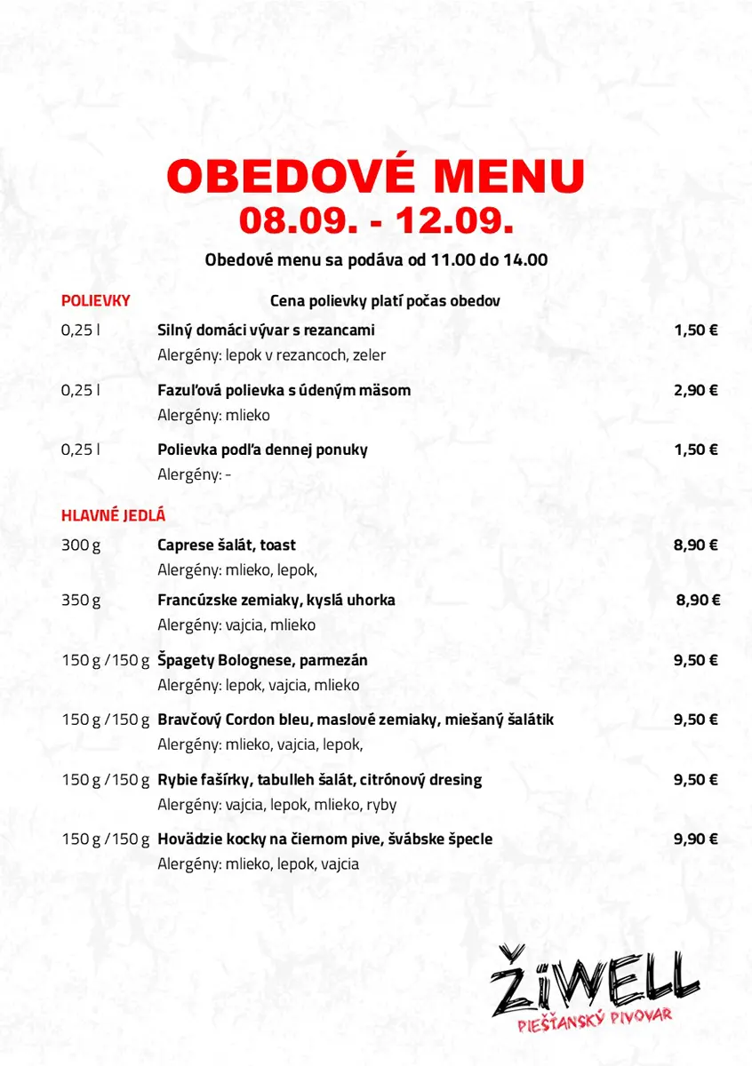 Obedove menu Pivovar ZiWell 8-12-9-25