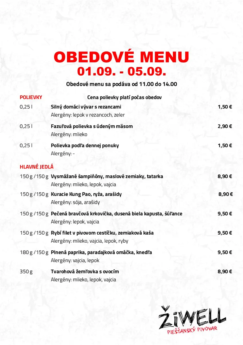 Obedove menu Pivovar Ziwell 01-05 09 2025