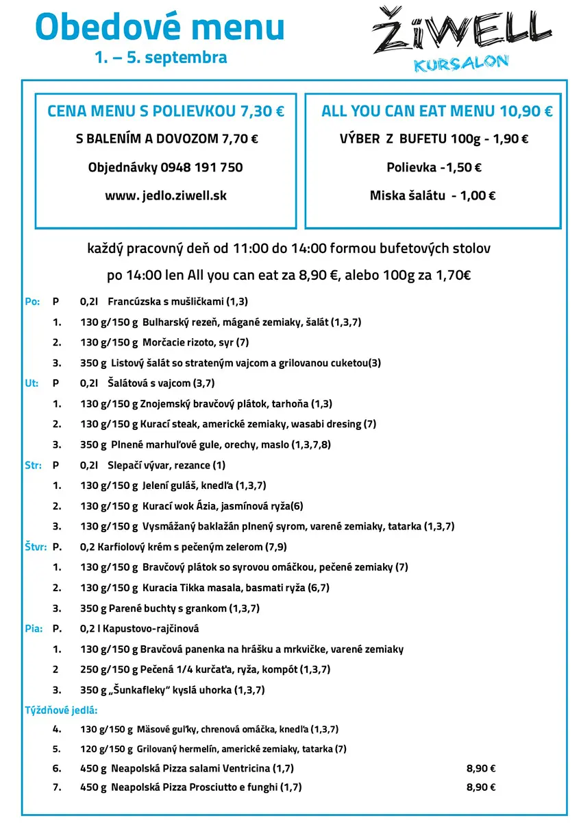 Obedove menu Ziwell Kursalon 01-05 09 2025