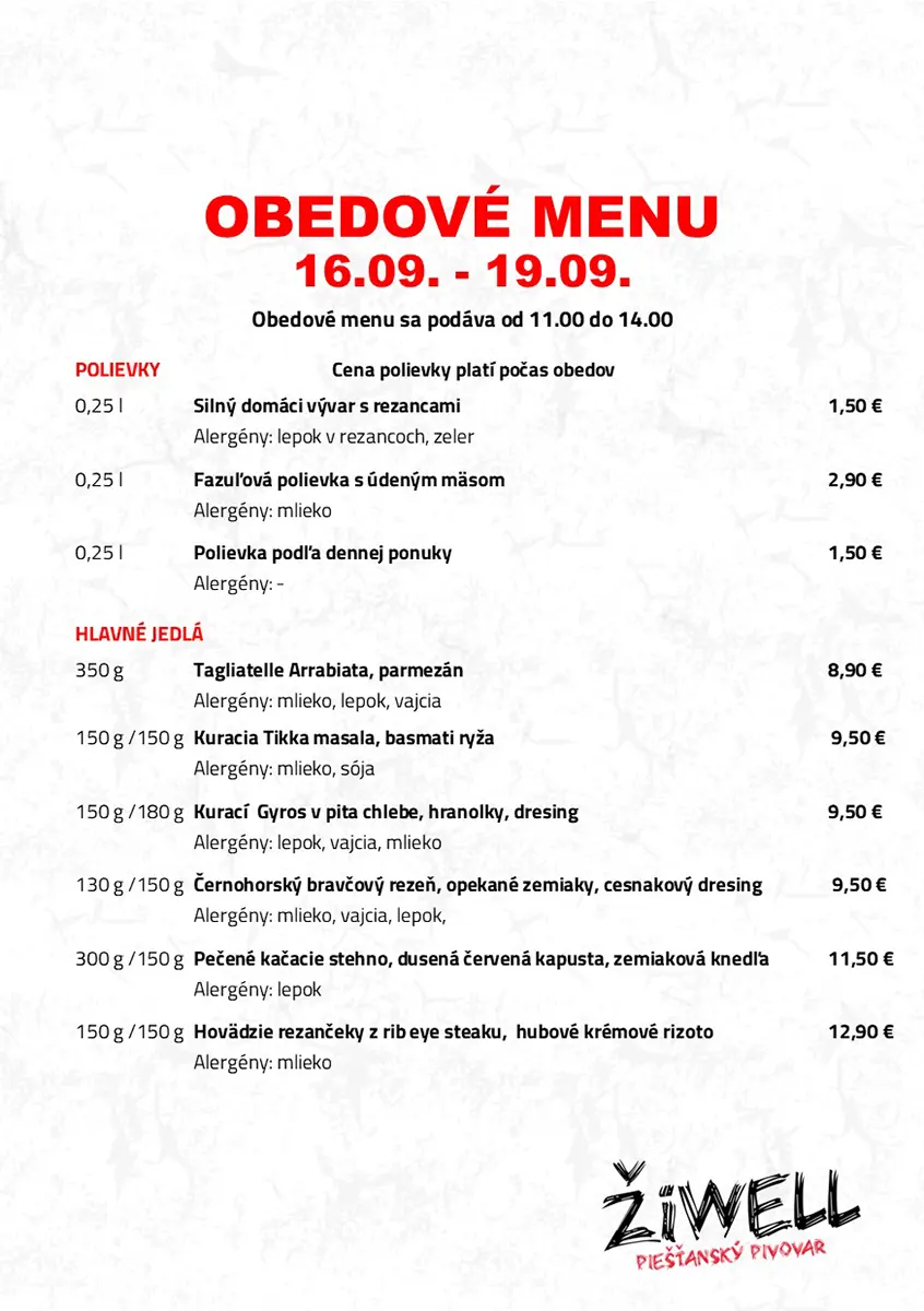Pivovar ŽiWell Lodenica obedove menu 16-19-9-25