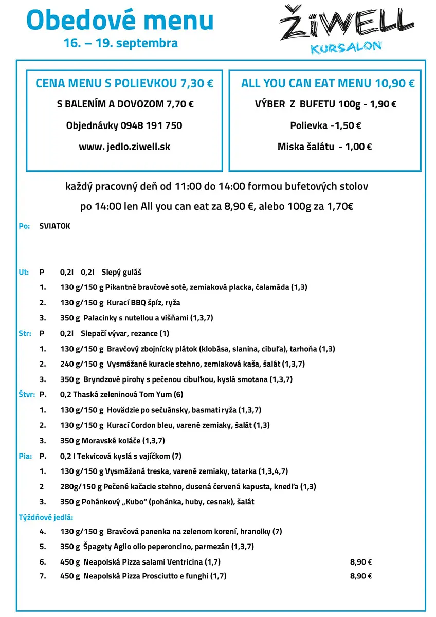 ŽiWell Kursalon obedove menu 16-19-9-25