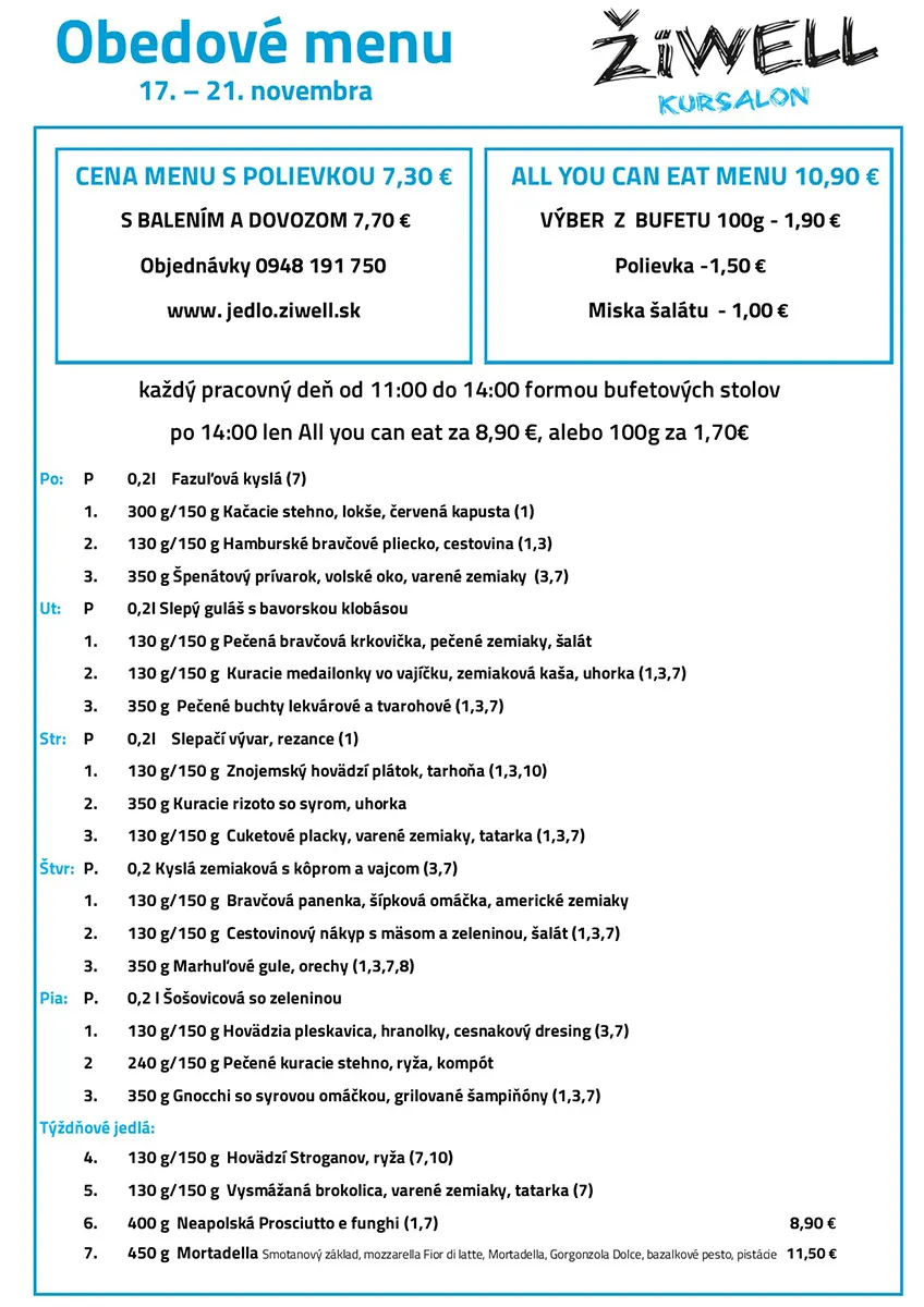 Obedové menu ŽiWell Kursalon 17.11. až 21.11.