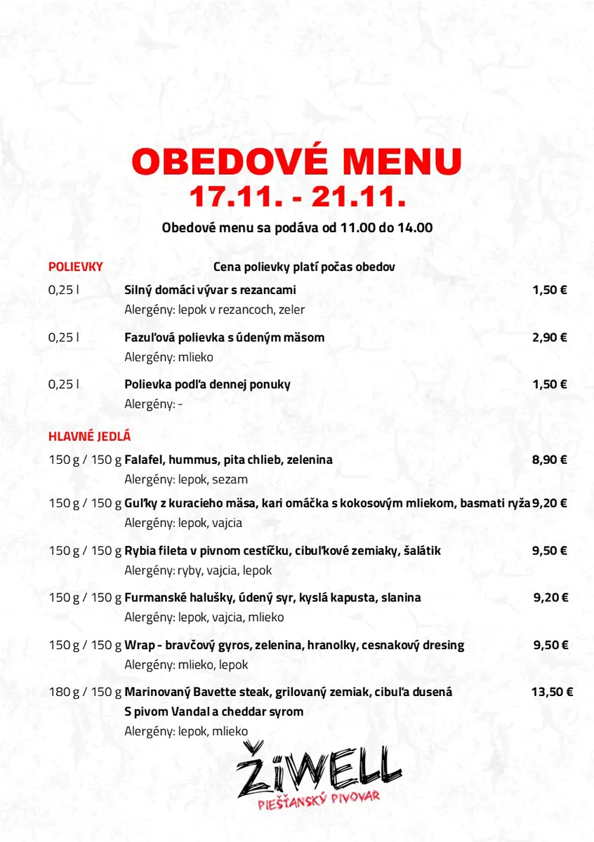 Obedové menu Pivovar ŽiWell 17.11. až 21.11.