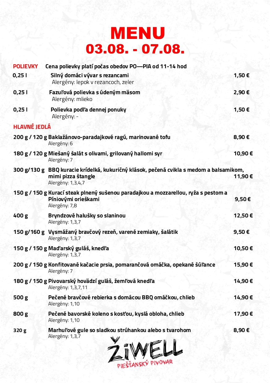 Obedové menu Pivovar ŽiWell 3.8. - 7.8. 2026